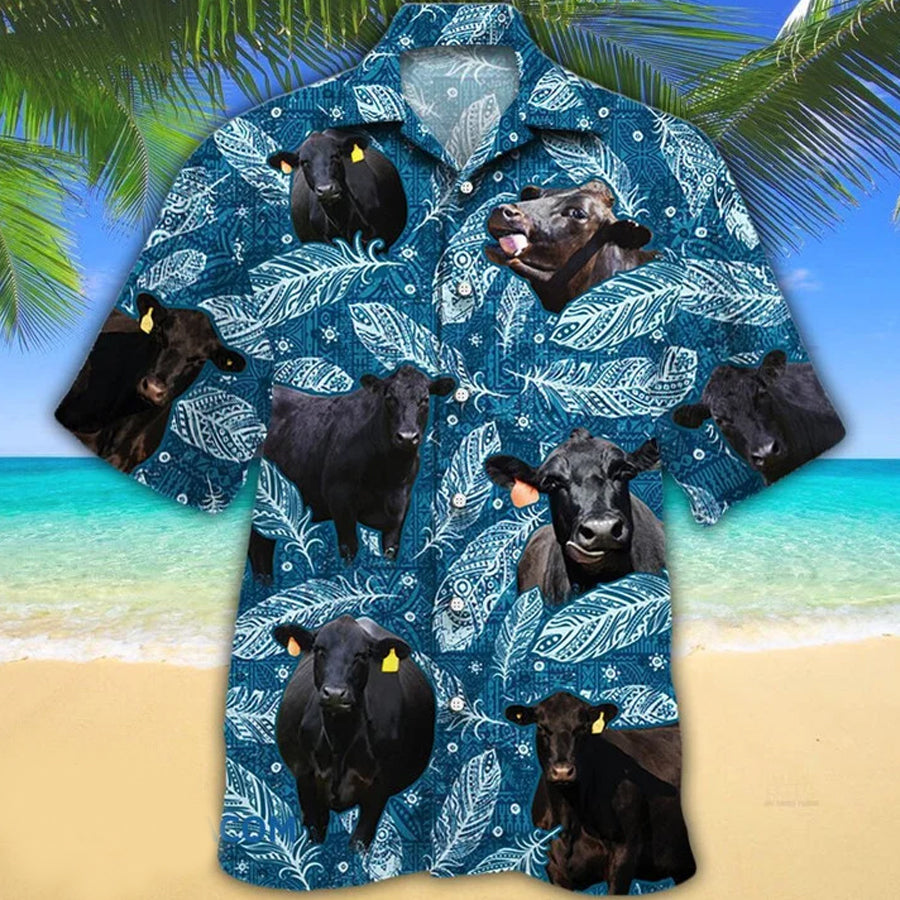 Black Angus Cattle Lovers Blue Feather Hawaii Hawaiian Shirt HO2249