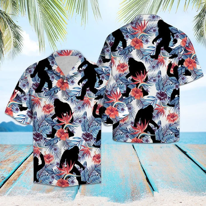 Black Bigfoot Tropical Palm Tree Leaves Summer Vacation Aloha Hawaiian Shirt HO1407