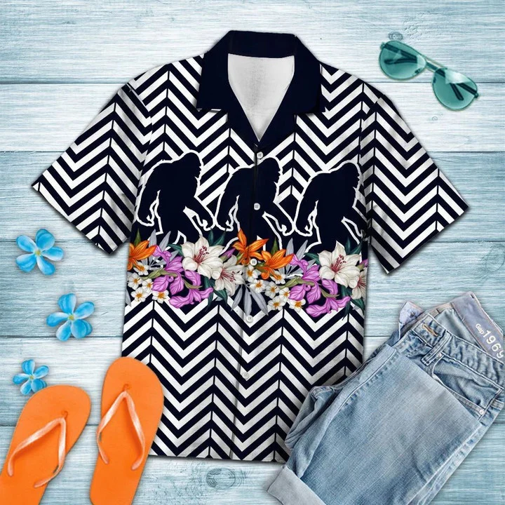 Black Bigfoot Walk On Flower Zigzag Pattern Hawaiian Shirt HO1820