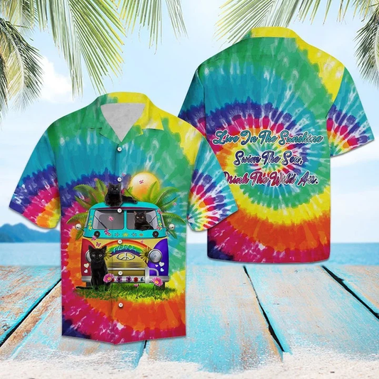Black Cat Live In The Sunshine Hippie Van Tie Dye Themed Hawaiian Shirt HO2059