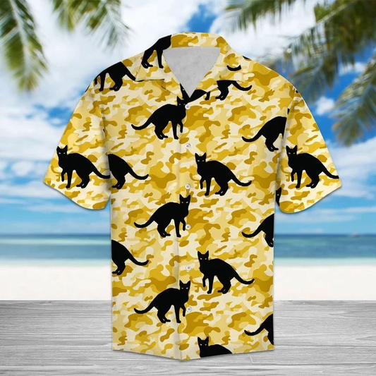 Black Cat Mix Waxen Camo Hawaiian Shirt, black cat aloha hawaii shirt for men, women HO1739