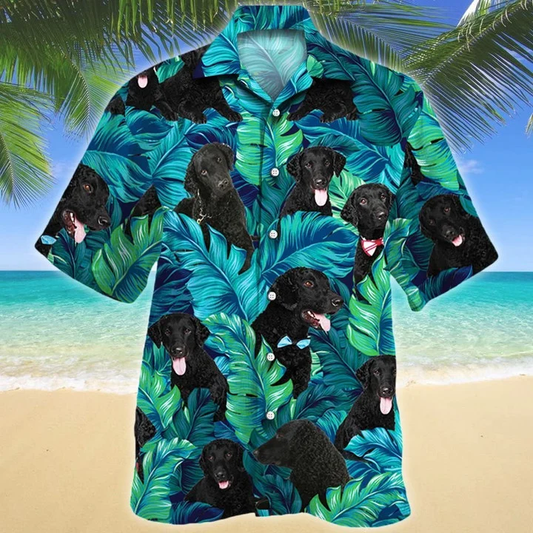 Black Curly Coated Retriever Dog Lovers Summer Beach Palm Tree Pattern Hawaiian Shirt HO1964
