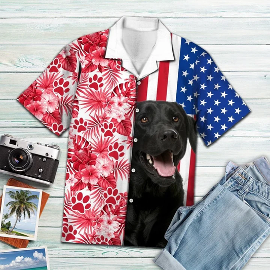 Black Labrador Retriever Usa And Watercolor Tropical Red Plants Hawaiian Shirt HO1895