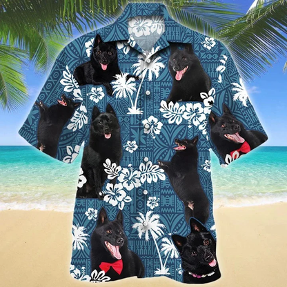 Black Schipperke Dog And Hibiscus On Blue Tribal Pattern Hawaiian Shirt HO1917