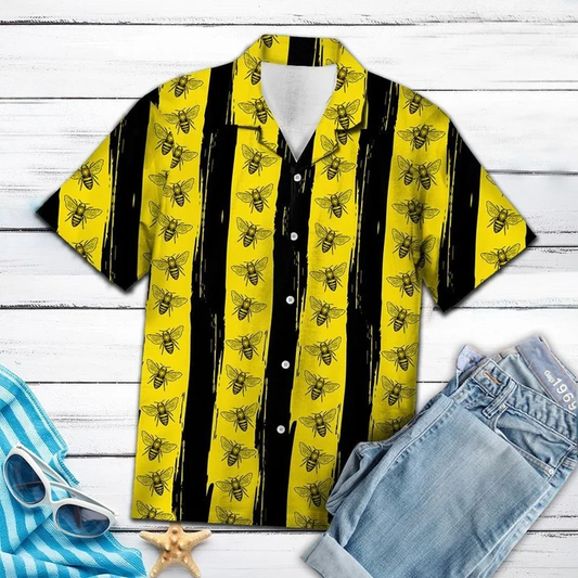 Black Stripes In Yellow Bees Design Hawaiian Shirt HO1878