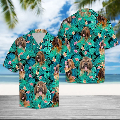 Bloodhound Among Hibiscus Flowers And Leaves Hawaiian Shirt HO2385
