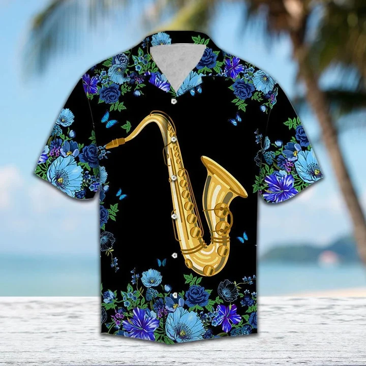 Blue Flower Frame Cover Saxophone On Black Pattern Hawaiian Shirt HO1892