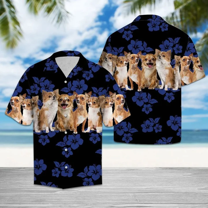 Blue Hibiscus With Chihuahua Dogs Hawaiian Shirt HO1400