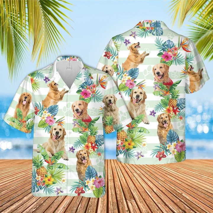 Blue Striped Golden Retriever Dog Tropical Flower Hawaiian Shirt for Men and women HO1854