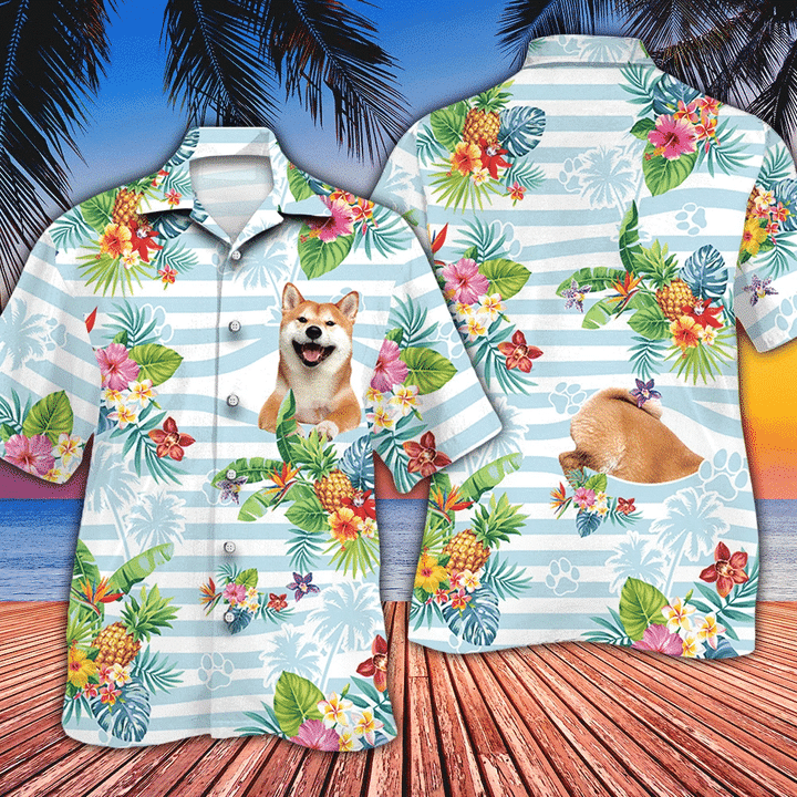 Blue Striped Smiling Shiba Inu Dog Lovers Gift Striped Hawaiian Shirt HO1977
