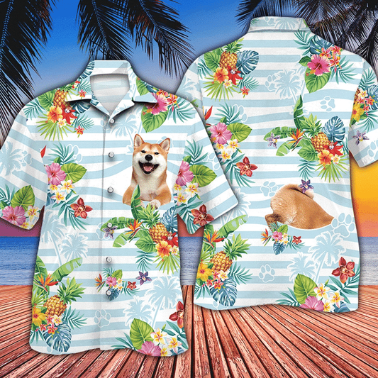 Blue Striped Smiling Shiba Inu Dog Lovers Gift Striped Hawaiian Shirt HO1977