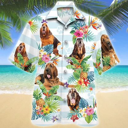 Blue Stripesd Bloodhound Dog Tropical Flower Hawaiian Shirt HO1769