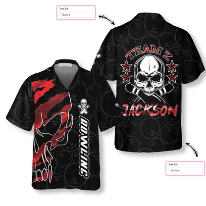 Bowling Skull Team Red Camouflage Custom Hawaiian Shirt, Personalized Bowling Shirt For Men & Women, Skull Hawaiian Shirt HO4036