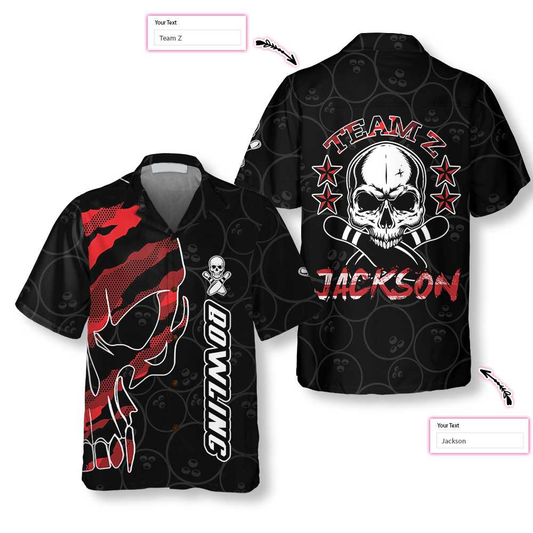 Bowling Skull Team Red Camouflage Custom Hawaiian Shirt, Personalized Bowling Shirt For Men & Women, Skull Hawaiian Shirt HO4036