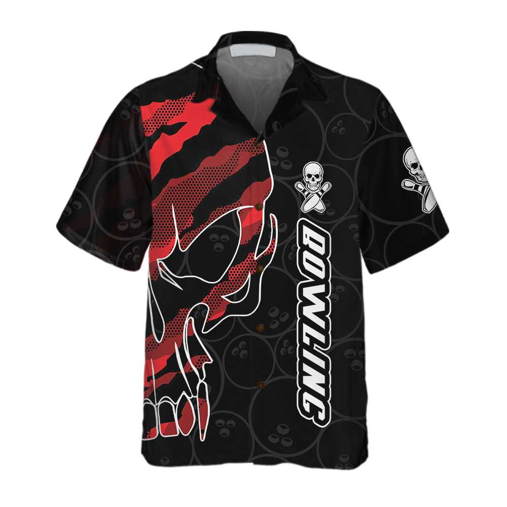 Bowling Skull Team Red Camouflage Custom Hawaiian Shirt, Personalized Bowling Shirt For Men & Women, Skull Hawaiian Shirt HO4036