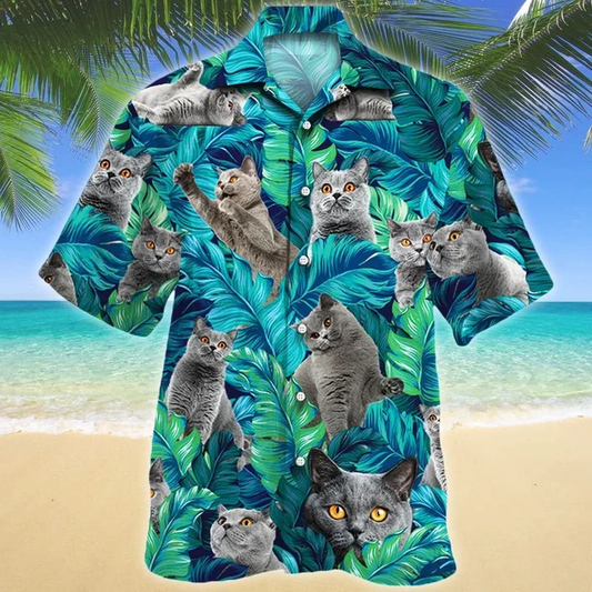 British Shorthair Cat Lovers Gift, Cat Summer Beach Palm Tree Hawaiian Shirt HO1905