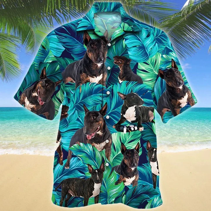 Bull Terrier Dog Lovers Blue And Green Tropical Leave Pattern Hawaiian Shirt HO1413