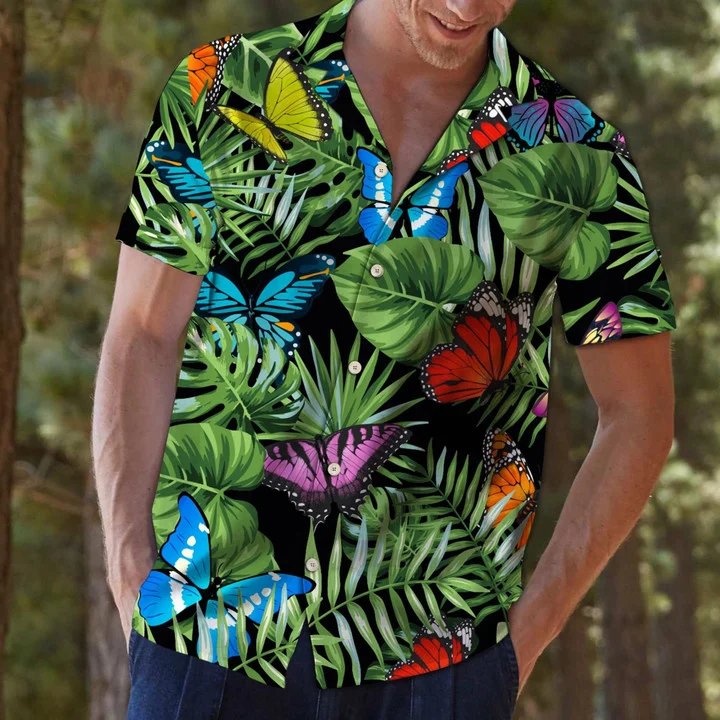 Butterfly And Green Tropical Leaves Design Hawaiian Shirt HO2154