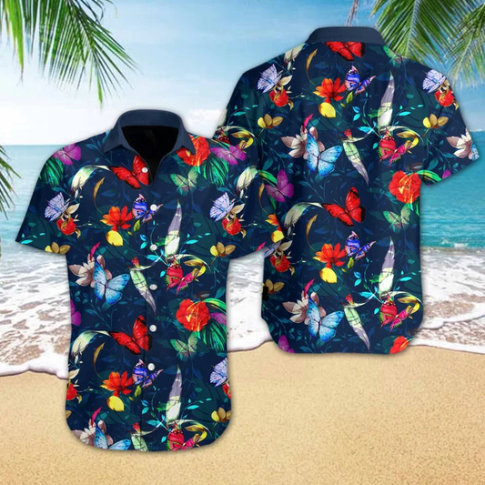 Butterly Flower On Dark Blue Design Hawaiian Shirt HO2142