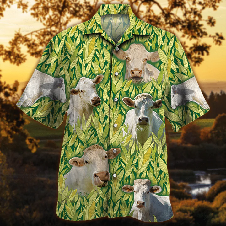 Charolais Cattle Hawaiian Shirt, Vintage Farm Hawaiian Shirts for Men, Animals Button Down Mens Hawaiian Shirts HO2521