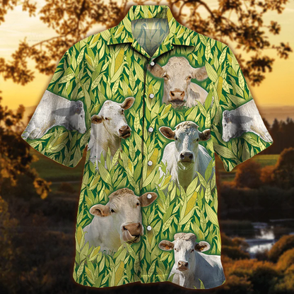 Charolais Cattle Hawaiian Shirt, Vintage Farm Hawaiian Shirts for Men, Animals Button Down Mens Hawaiian Shirts HO2521