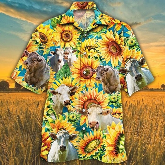 Charolais Cattle Lovers Sunflower Watercolor Hawaiian Shirt HO0155