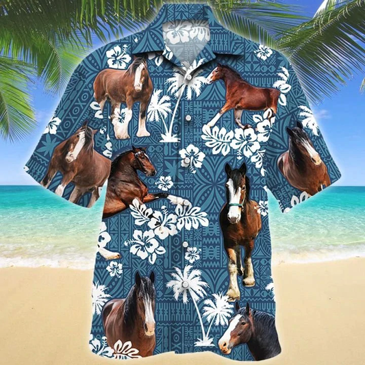 Clydesdale Horse Blue Tribal Pattern Hawaiian Shirt HO1536