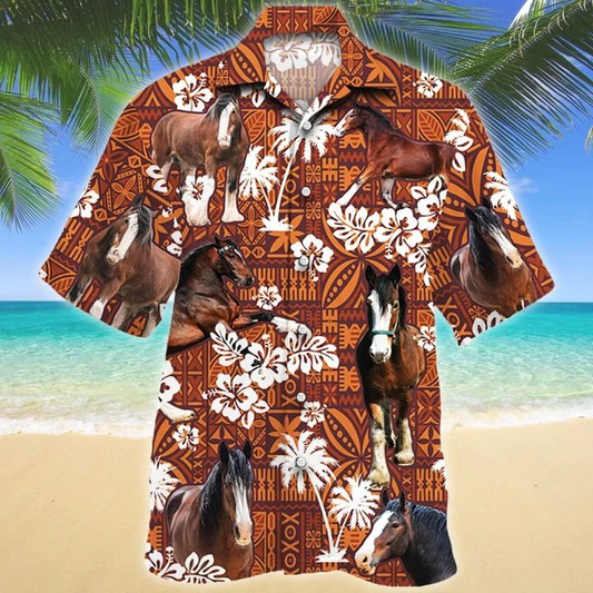 Clydesdale Horse Red Tribal Pattern Hawaiian Shirt, Horse Short Sleeve Hawaiian Aloha Shirt HO2512