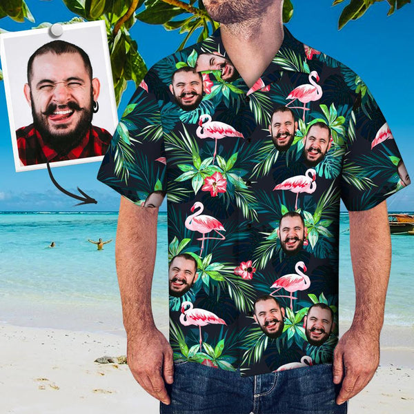 Custom Upload Image Face Flamingo and Leaf Pattern Hawaiian Shirt, Shirt for Men hot Family HO0332