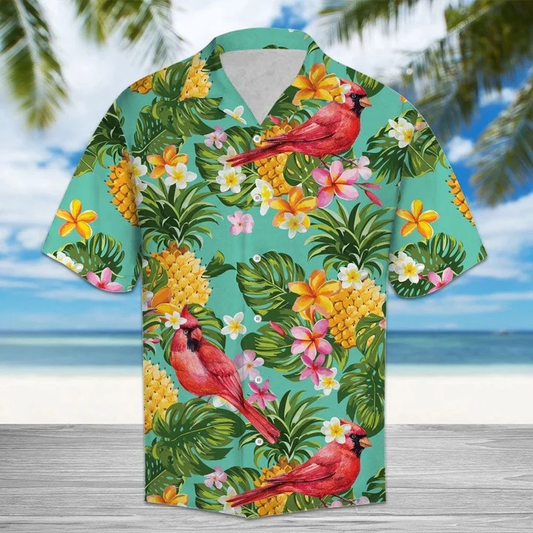 Cardinal Bird Perched On Tropical Tree Hawaiian Shirt HO2081