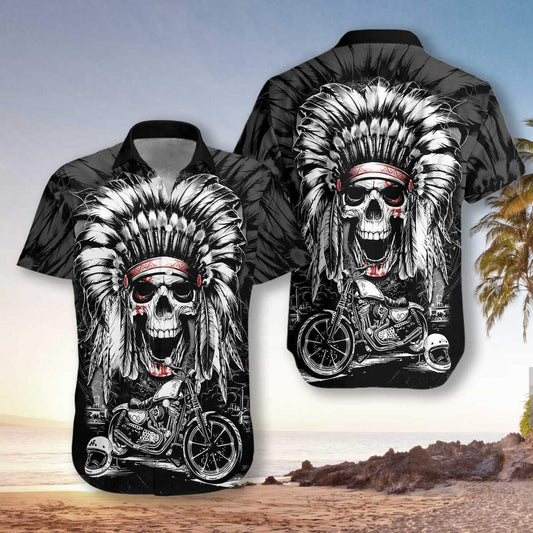 Chief Skull Motorcycle Unisex Hawaiian Shirt For Men & Women, Skull Flower Hawaiian Aloha Shirt HO2717