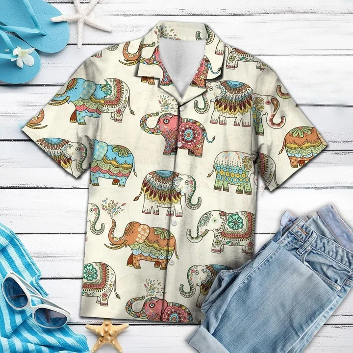 Colorful Mandala Elephant In Beige Hawaiian Shirt HO1613