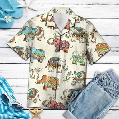 Colorful Mandala Elephant In Beige Hawaiian Shirt HO1613