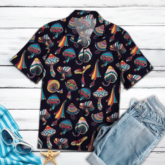 Colorful Mushroom In Black Background Hawaiian Shirt HO2128