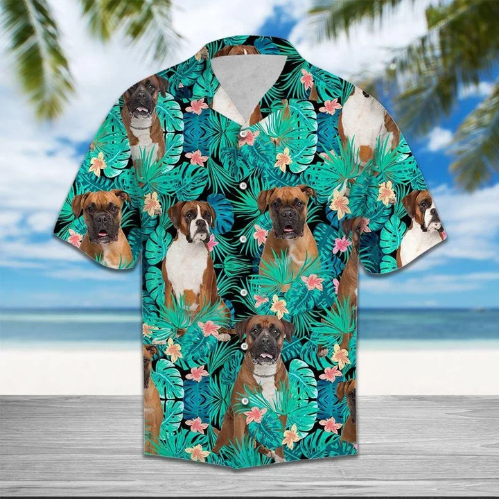 Boxer Hawaiian Shirts, Summer Shirts, Dog Lover Shirts, Cool Boxer Tropical Jungle Design Hawaiian Shirt HO2085