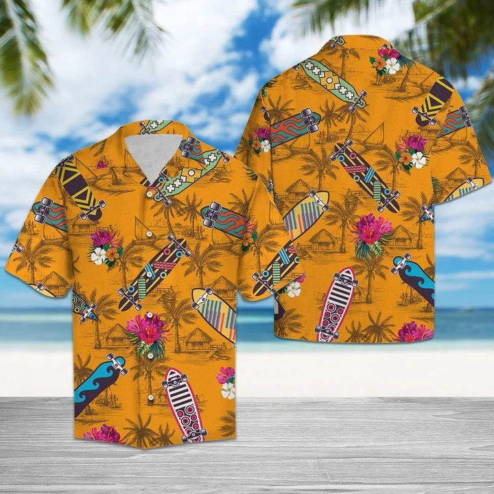 Skateboard yellow hawaiian shirt, Cool Skateboard Tropical Flowers Burned Yellow Background Pattern Hawaiian Shirt HO1933