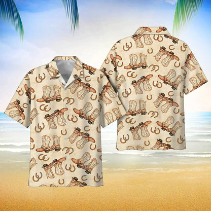 Cowboy Boots And Horse Shoes Vintage Background Hawaii Shirt Button Down Short Sleeves Hawaiian Full Print Shirt HO3808