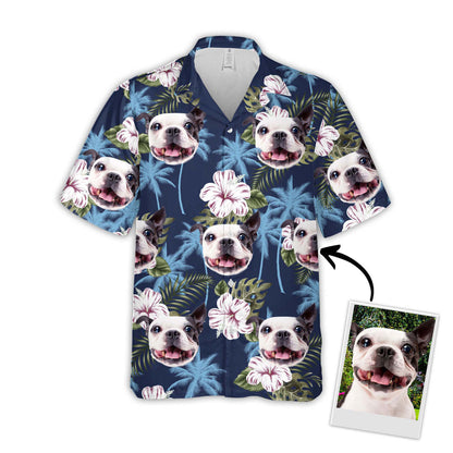 Custom Image Dog Blue Palm Tree and Flower Pattern Hawaiian Shirt, Gift for Dog Lovers HO4380