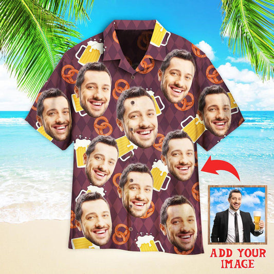 Custom Funny Face On German Beer And Pretzels Custom Hawaiian Shirt, Personalized Hawaiian Shirts, Custom Photo Hawaiian Shirt HO4228
