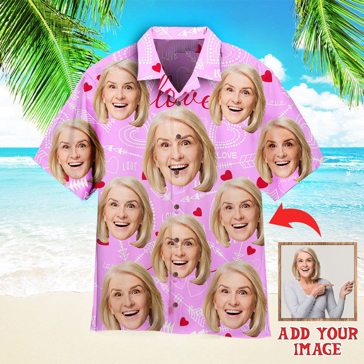Custom Funny Face On Hearts Custom Hawaiian Shirt, Personalized Hawaiian Shirts, Custom Photo Hawaiian Shirt HO4227