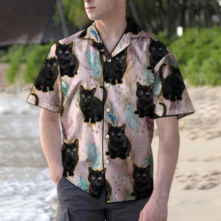 Cute Baby Black Cat Boho Feather Pattern Hawaiian Shirt HO2140