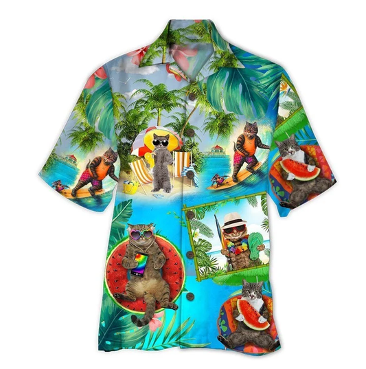 Cute Cats Wear Black Glasses On Beach Hawaiian Shirt HO1990