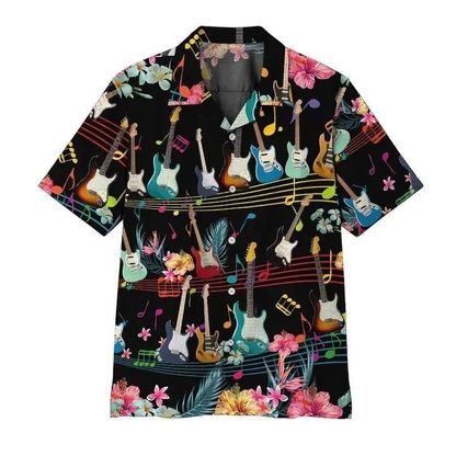 Electric Guitar On Music Stave And Notes Black Hawaiian Shirt, Summer Short Sleeve Hawaiian Aloha Shirt HO1743