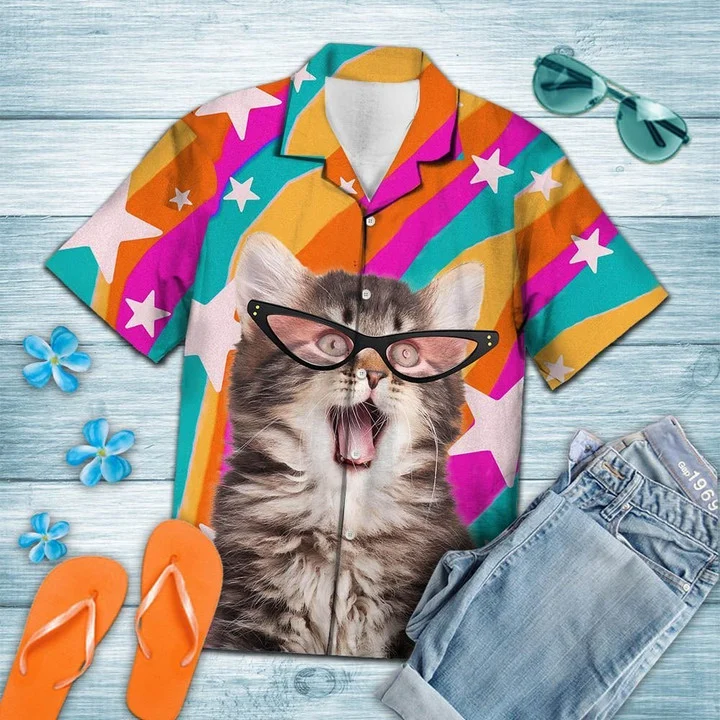 Cute Pink Glasses Cat Smile To The World Hawaiian Shirt, Gift for cat lovers HO1862