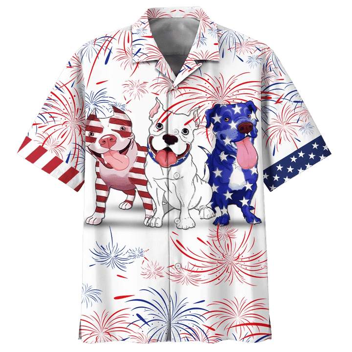 Cute Pitbull Pattern Red And Blue Firework Hawaiian Shirt HO2024