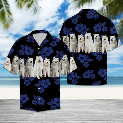 Cute Samoyed Dogs With Blue Hibiscus In Black Hawaiian Shirt HO1399