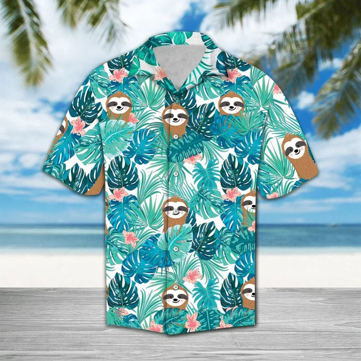 Cute Sloth On Tropical Forest Pattern Blue Theme Hawaiian Shirt HO1657