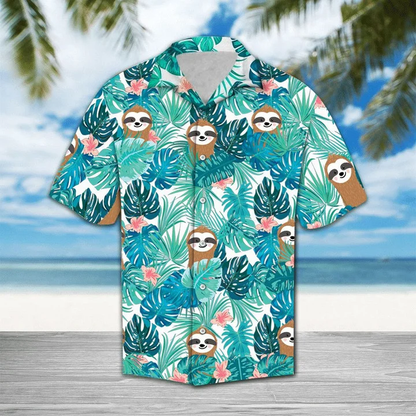 Cute Sloth On Tropical Forest Pattern Blue Theme Hawaiian Shirt HO1657