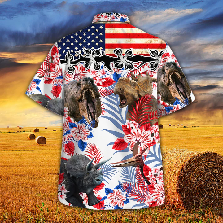 Dinosaur Lovers American Flag Hawaiian Shirt, Dinosaur aloha Hawaiian shirt, Flowers Aloha Shirt For Men, Women HO2613