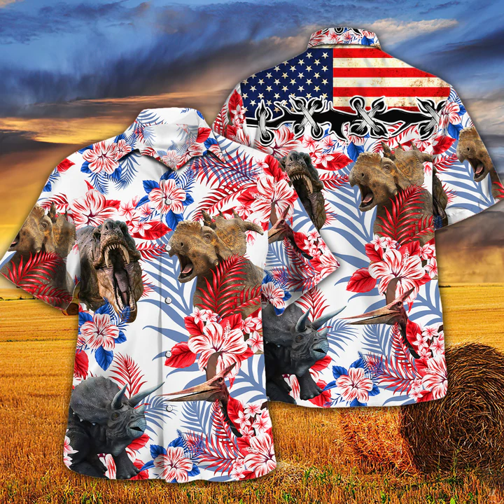 Dinosaur Lovers American Flag Hawaiian Shirt, Dinosaur aloha Hawaiian shirt, Flowers Aloha Shirt For Men, Women HO2613